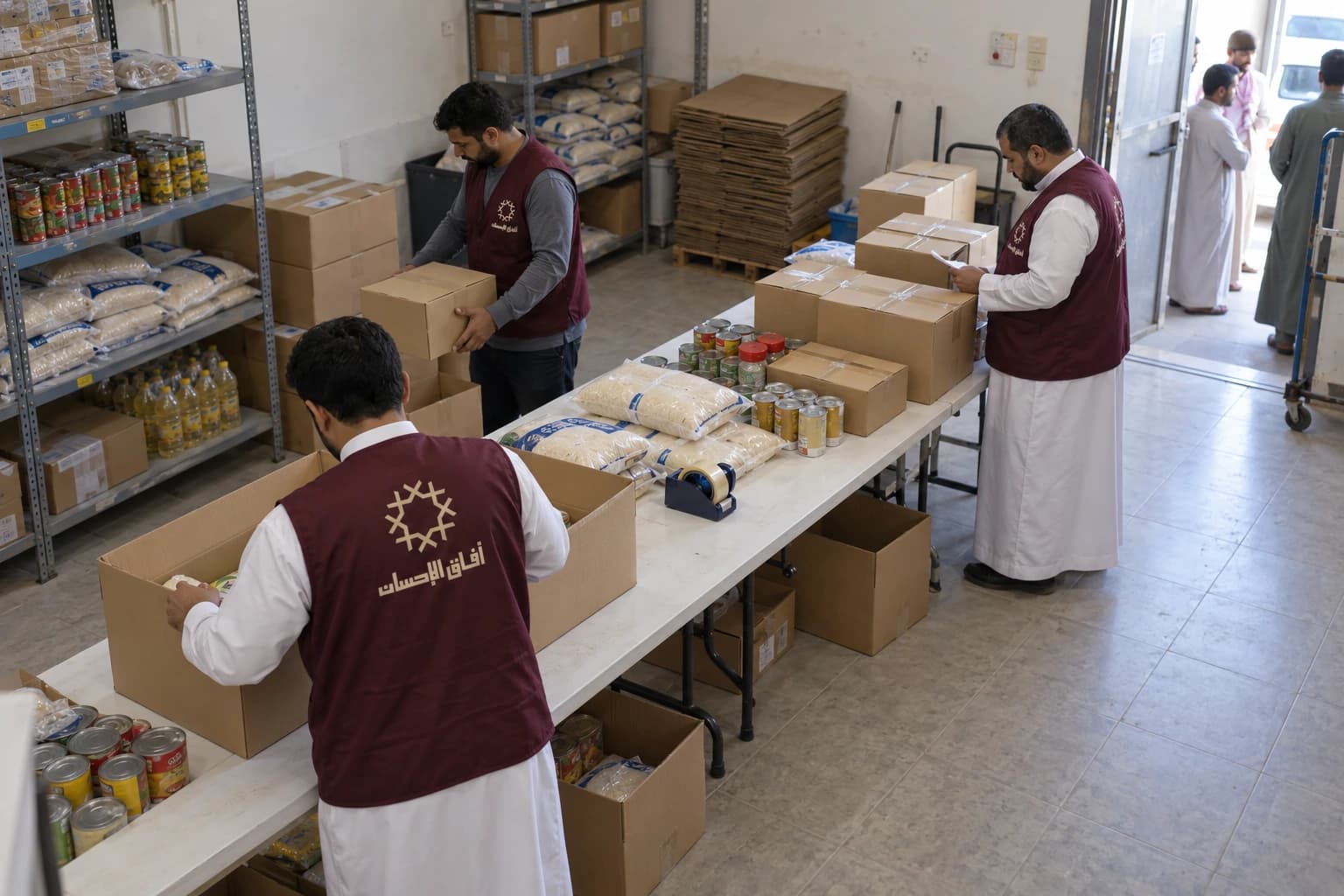 Illustrative scene of volunteers in Afaq Al Ihsan vests preparing food parcels in a community storeroom.